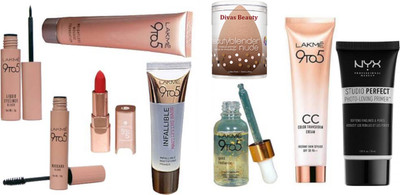 

divas beauty Sponge Puff With LAkme 9to5 Mousse foundation With Gold Radiance Face Serum With Liquid Eyeliner With Mascara & Matte Finish lipstick CC Color transform Cream With Infallilible Mattifying Primer, NYX Studio Perfect Photo-Loving Face Primer Ge