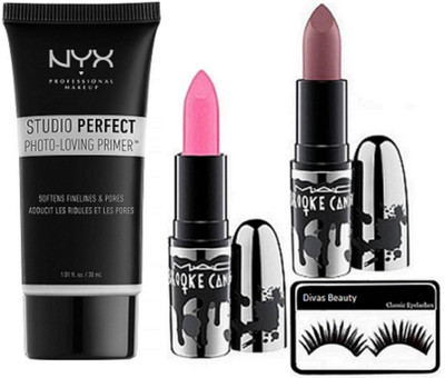

divas beauty eyelashes &Mac Brooke Candy Matte Finish Lipstick Pack Of 2, NYX Studio Perfect Photo-Loving Face Primer Gel 30 ml(Set of 4)