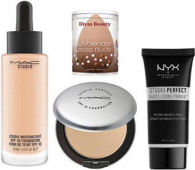 

divas beauty Sponge Puff With Mac Studio Waterweight SPF 30 Foundation,Studio Perfect Compact, NYX Studio Perfect Photo-Loving Face Primer Gel 30 ml(Set of 4)