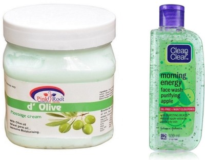 PINKROOT D OLIVE CREAM 500ML WITH CLEAN & CLEAR APPLE FACE WASH(2 Items in the set)