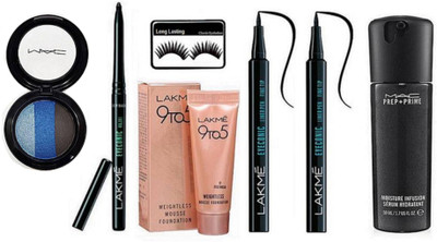 

Longlasting Eyelashes , lakme weightless mousse foundation , eyeconic pen eyeliner set of 2 & Eyeconic k with MAC Prep + Prime Moisture Infusion Serum Hydratant& 3 shade Eyeshadow(Set of 7)