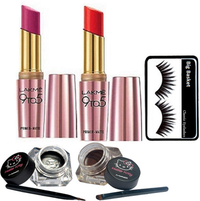 

big basket eyelashes & 9 to 5 primer+matte finish long lasting lipstick (set of 2) & mac hello kitty two blam eyeliner(Set of 5)
