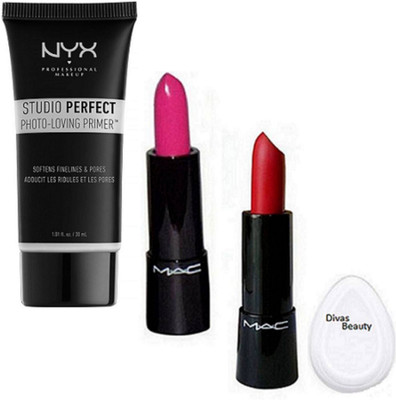 

divas beauty Silicon Puff&Mac Retro Matte Lipstick Set 2, NYX Studio Perfect Photo-Loving Face Primer Gel 30 ml(Set of 4)