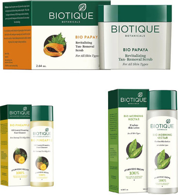

BIOTIQUE BIO PINEAPPLE OIL CONTROL FACE CLEANSER, Morning Nectar Flawless Skin Moisturizer, Papaya Revitalizing Tan-Removal Scrub(Set of 3)