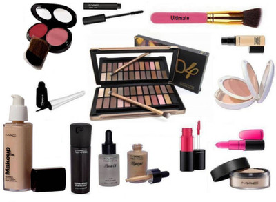 

Ultimate Makeup brush, Shades 24 eyeshadow palette with Mac zoom lash mascara and liquid black eyeliner, Makeup 24hr Pro Long Wear Spf 10 Foundation,prep+prime moisture infusion serum with Prep+Prime skin base visage primer oil and highlighter, candy yum 