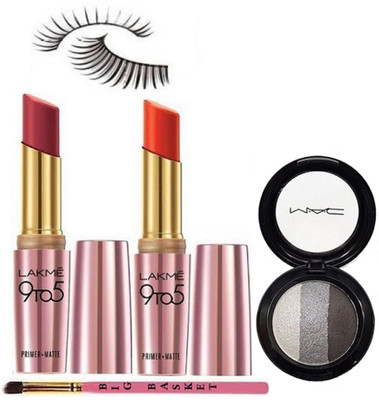 

big basket makeup brush & lakme 9 to 5 matte finish lipstick (set of 2) & mac eyeshadow fard a' joues mineralize & eyelashes(Set of 5)