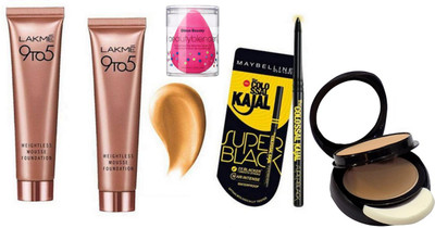 

divas beauty Sponge Puff & 9 To 5 Weightless Mousse Pack of 2 Foundation, MAC Two Way Compact, New York Super Black k.(Set of 4)