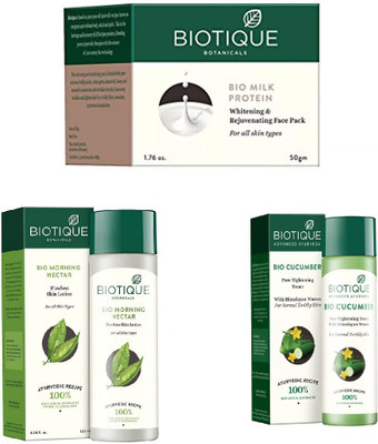 

BIOTIQUE BIO Morning Nectar Flawless Skin Moisturizer, Cucumber Pore Tightening Toner, MILK PROTEIN WHITENING & REJUVENATING FACE PACK FOR ALL SKIN TYPES(Set of 3)