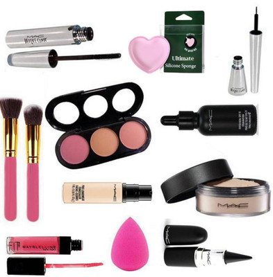 

Ultimate Silicon Puff With With Mac 3 Shade Blusher And Brooke Candy Eyeliner, Mascara Hyper real Foundation & Pro Longwwear Concealer,lip gloss,Sponge Puff,Makeup brush,Stick Kajal,Face Loose Powder(Set of 12)