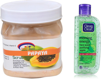 

Pink Root PAPAYA SCRUB 500ML WITH CLEAN & CLEAR APPLE FACE WASH(Set of 2)