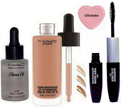 

Ultimate Silicon Puff And Mac Studio Waterweight Foundation, Prep+prime Primer Oil, Colorbar 2in1 Eyeliner & Mascara(Set of 4)
