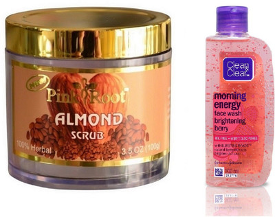 Pink Root ALMOND SCRUB 100G WITH CLEAN & CLEAR BRIGHTENING BERRY FACE WASH(Set of 2)