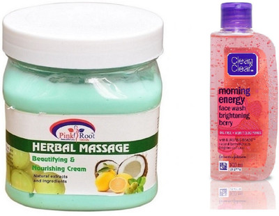 

Pink Root HERBAL MASSAGE CREAM 500ML WITH CLEAN & CLEAR BRIGHTENING BERRY FACE WASH(Set of 2)