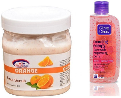 Pink Root ORANGE SCRUB 500ML WITH CLEAN & CLEAR BRIGHTENING BERRY FACE WASH(Set of 2)
