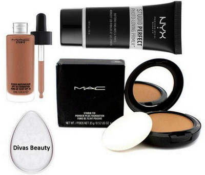 

divas beauty Silicon Puff&Mac Studio Fix Powder Compact& Loose Powder Foundation Studio Waterweight, NYX Studio Perfect Photo-Loving Face Primer Gel 30 ml(Set of 4)