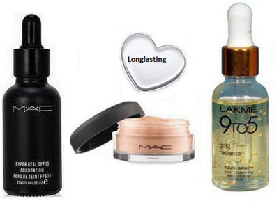

Longlasting Silicon Puff & Mac Loose Powder ,Hyper Real Foundation With 9 To 5 Serum(Set of 4)
