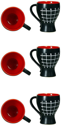 

caffeine Coffee Mug Stoneware in Black & Red Check Assorted (Set of 6) Handmade Ceramic(Red, Black, Pack of 6)