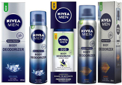 

Nivea MEN ICE COOL BODY DEODORIZER 120ml +MEN SUMMER FRESH DUO BODY DEODORIZER 100ml +MEN SPRINT BODY DEODORIZER 120ml Deodorant Spray - For Men & Women(120 ml, Pack of 3)