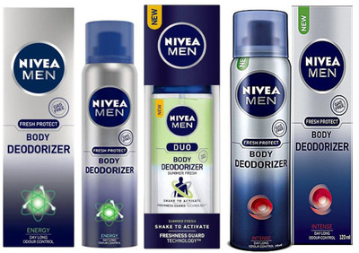 

Nivea MEN ENERGY BODY DEODORIZER 120ml +MEN SUMMER FRESH DUO BODY DEODORIZER 100ml + MEN INTENSE BODY DEODORIZER 120ml Deodorant Spray - For Men & Women(120 ml, Pack of 3)