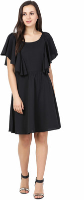 FORELEVY Women Fit and Flare Black Above Knee/Mid Thigh Length Dress