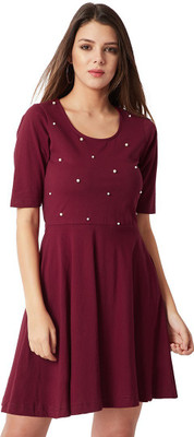 Miss Chase Women A-line Maroon Above Knee/Mid Thigh Length Dress