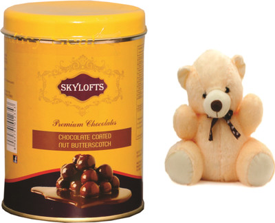 

Skylofts 100gms Nut Butterscotch chocolates Tin combo with a cute teddy Combo(100gms)