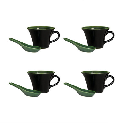 

caffeine Soup with Spoon Stoneware in Black & Green (Set of 4) Handmade Ceramic Mug(300 ml, Pack of 4)