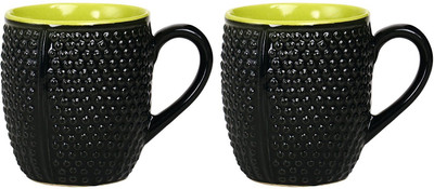 

caffeine Coffee Ceramic/Stoneware in Black Bubble & Green (Set of 2) Handmade Ceramic Mug(30 ml, Pack of 2), Black;yellow