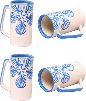 

caffeine Blue Fleur Ceramic Mug(500 ml, Pack of 4), Beige;blue