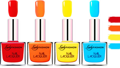 

Lady fashion Extra Shine & Extra Long Stay Chip Resistant Nail Polish Red, Juicy Orange, Yellow, Sky Blue(Pack of 4)
