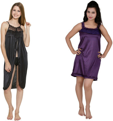Kismat Fashion Women Nighty Set(Purple, Black)