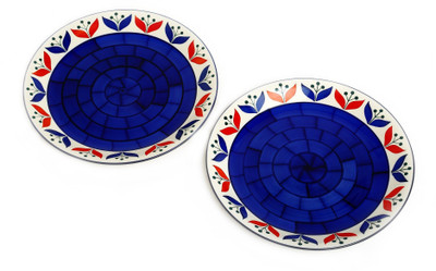 

Caffeine Handmade Brick Pattern Giant Blue Round Plate Set(Pack of 2)