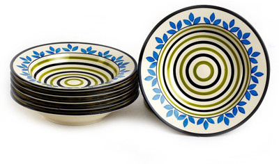 

Caffeine Handmade Round Soup Doodle With Leaf Print Plate Set(Pack of 6)