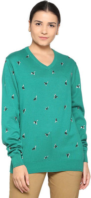 Allen Solly Printed V Neck Casual Women Green Sweater