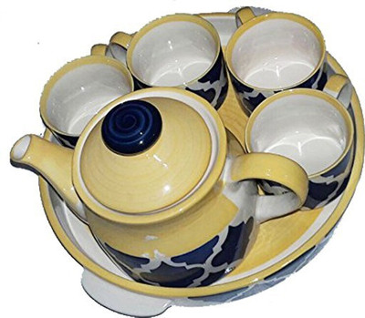 

caffeine Ceramic Handmade Blue umraow Pattern Tea Tray Set 6pc Tea Urn(700 ml)