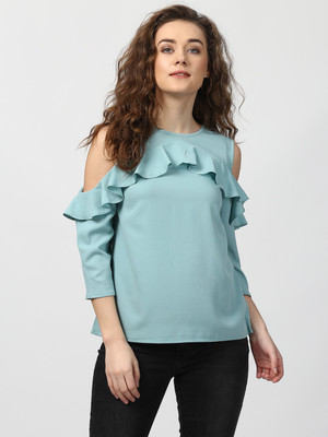HARPA Casual Cold Shoulder Solid Women Light Blue Top