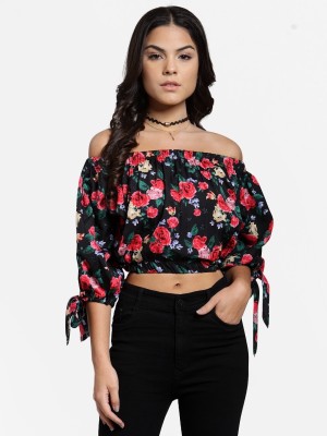 Cation Casual Slit Sleeve Floral Print Women Black Top