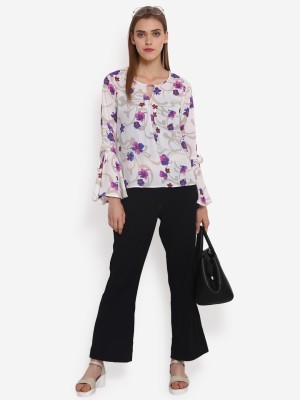 PURYS Casual Bell Sleeve Floral Print Women White Top