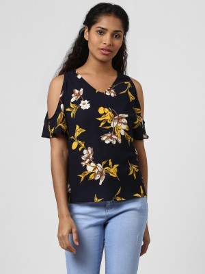 HARPA Casual Cold Shoulder Floral Print Women Dark Blue Top