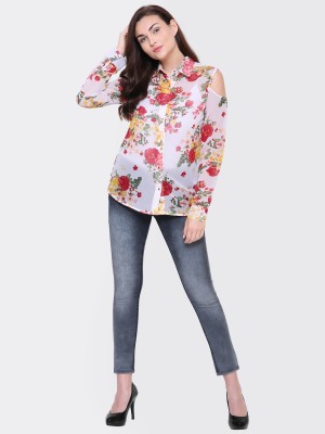 Yaadleen Casual Cold Shoulder Floral Print Women White Top