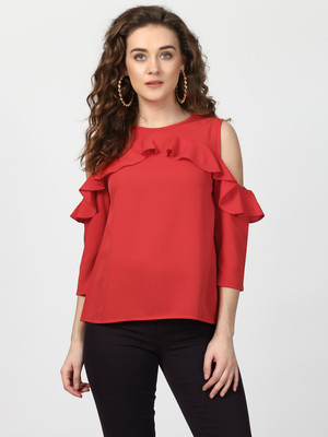 HARPA Casual Cold Shoulder Solid Women Red Top
