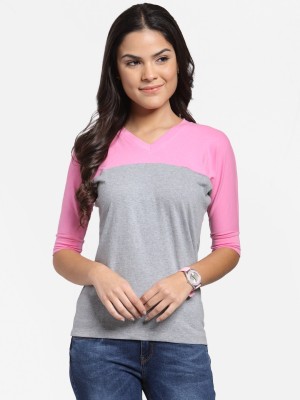Cation Casual 3/4 Sleeve Color Block Women Pink, Grey Top