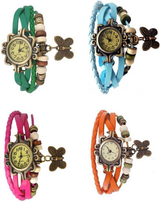 

Mettle Combo Latest Fancy Leather Hand Knit Vintage Watches Dress Bracelet Women Girls Ladies Clover Pendant Retro ( Pack Of 4 )MT-75 Watch - For Women