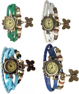 

Mettle Combo Latest Fancy Leather Hand Knit Vintage Watches Dress Bracelet Women Girls Ladies Clover Pendant Retro ( Pack Of 4 )MT-89 Watch - For Women