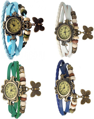 

Mettle Combo Latest Fancy Leather Hand Knit Vintage Watches Dress Bracelet Women Girls Ladies Clover Pendant Retro ( Pack Of 4 )MT-105 Watch - For Women