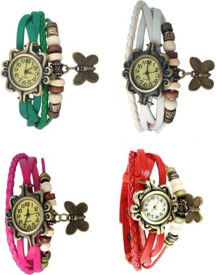 

Mettle Combo Latest Fancy Leather Hand Knit Vintage Watches Dress Bracelet Women Girls Ladies Clover Pendant Retro ( Pack Of 4 )MT-148 Watch - For Women