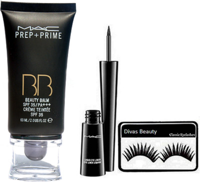 

divas beauty Eyelashes & Mac Liquid Last Eyeliner, Prep+Prime BB BEauty Balm Cream Foundation(Set of 3)