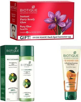 

BIOTIQUE BIO PARTY GLOW FACIAL KIT, Cucumber Pore Tightening Toner, Honey Gel Face Wash(Set of 3)