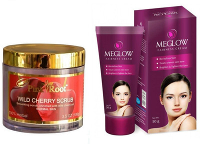 

Pink Root WILD CHERRY SCRUB 100G WITH MEGLOW WOMEN FAIRNESS CREAM(Set of 2)