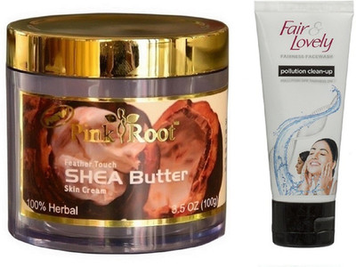 Pink Root SHEA BUTTER CREAM 100G WITH FAIR & LOVELY POLLUTION CLEAN-UP FACE WASH(Set of 2)
